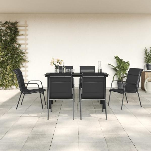 ARDEBO.de - 7-tlg. Garten-Essgruppe Schwarz Stahl und Textilene