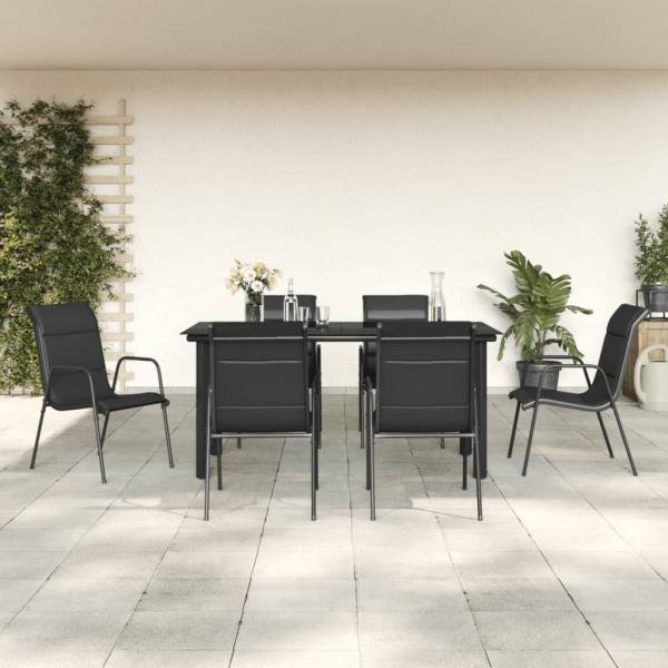 ARDEBO.de - 7-tlg. Garten-Essgruppe Schwarz Stahl und Textilene
