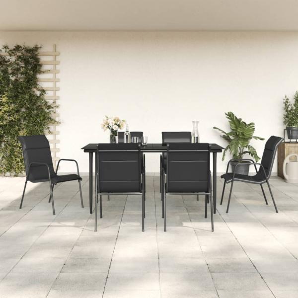 ARDEBO.de - 7-tlg. Garten-Essgruppe Schwarz Stahl und Textilene