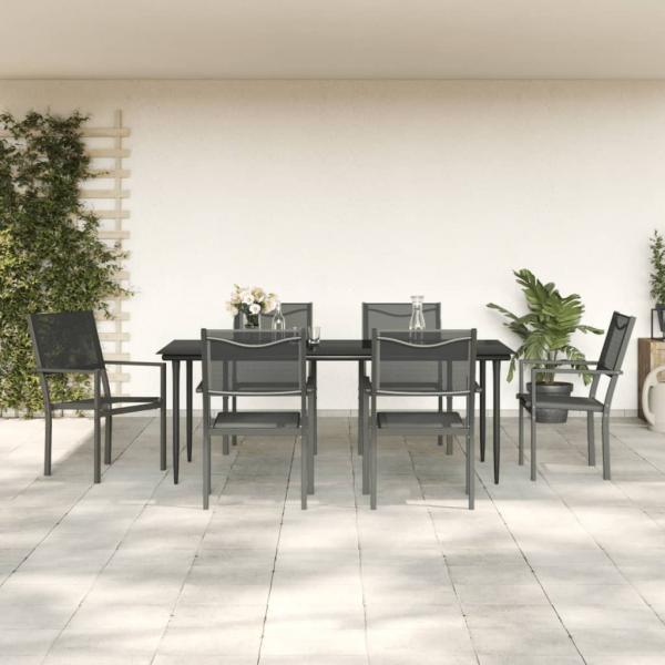 ARDEBO.de - 7-tlg. Garten-Essgruppe Schwarz Stahl und Textilene