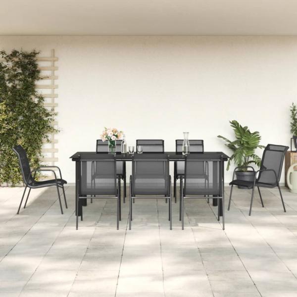 ARDEBO.de - 9-tlg. Garten-Essgruppe Schwarz Stahl und Textilene