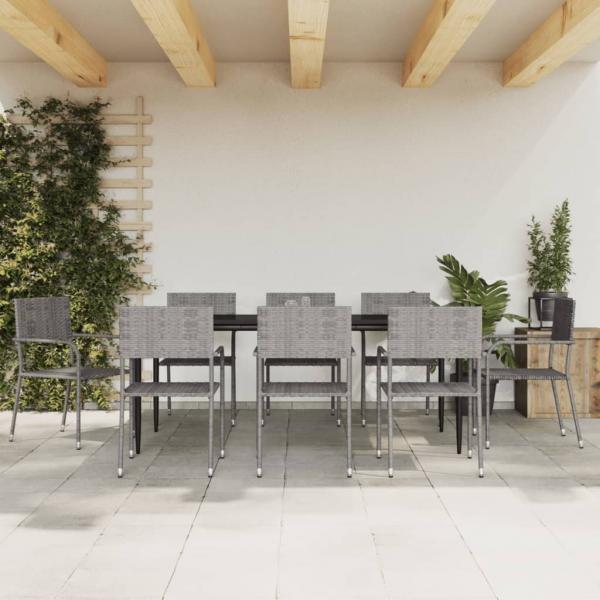 ARDEBO.de - 9-tlg. Garten-Essgruppe Grau und Schwarz Poly Rattan und Stahl