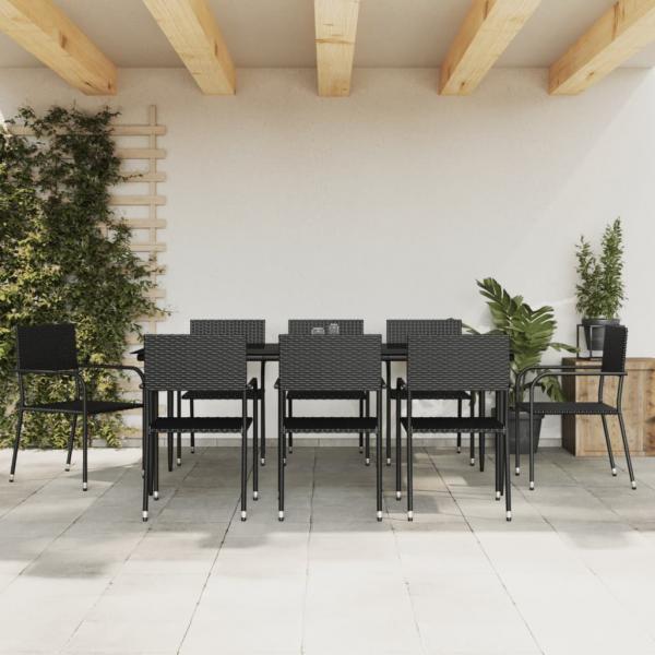 ARDEBO.de - 9-tlg. Garten-Essgruppe Schwarz Poly Rattan und Stahl
