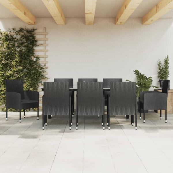 ARDEBO.de - 9-tlg. Garten-Essgruppe Schwarz Poly Rattan und Stahl