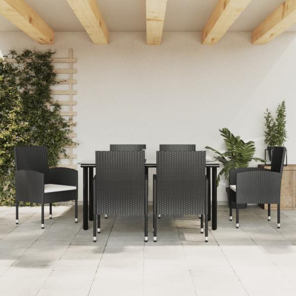ARDEBO.de - 7-tlg. Garten-Essgruppe Schwarz Poly Rattan und Stahl