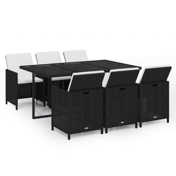 7-tlg. Garten-Essgruppe mit Kissen Poly Rattan Schwarz