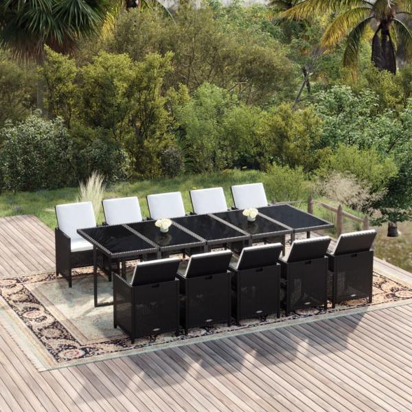 ARDEBO.de - 11-tlg. Garten-Essgruppe mit Kissen Poly Rattan Schwarz