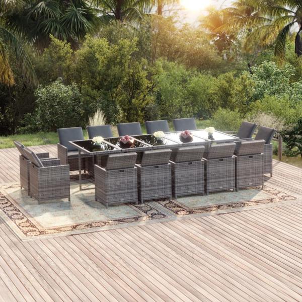 ARDEBO.de - 15-tlg. Garten-Essgruppe mit Kissen Poly Rattan Grau