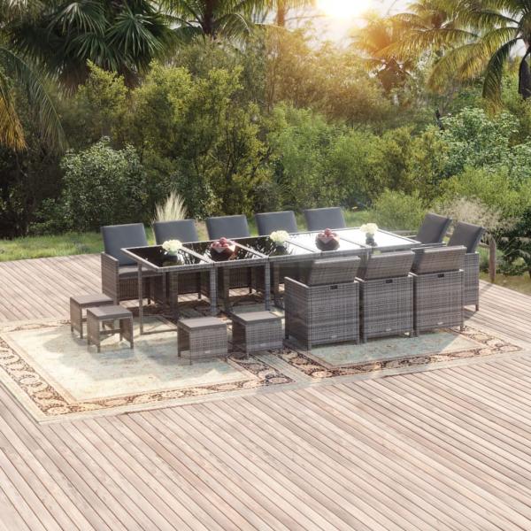 ARDEBO.de - 15-tlg. Garten-Essgruppe mit Kissen Poly Rattan Grau
