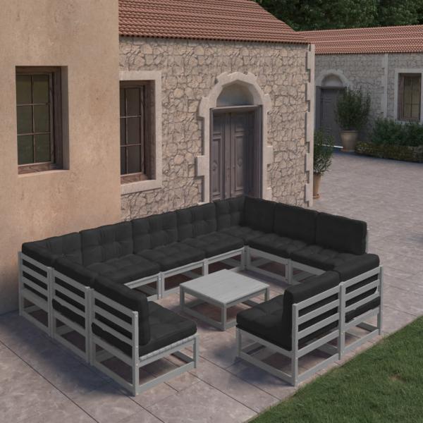 ARDEBO.de - 10-tlg. Garten-Lounge-Set mit Kissen Grau Massivholz Kiefer