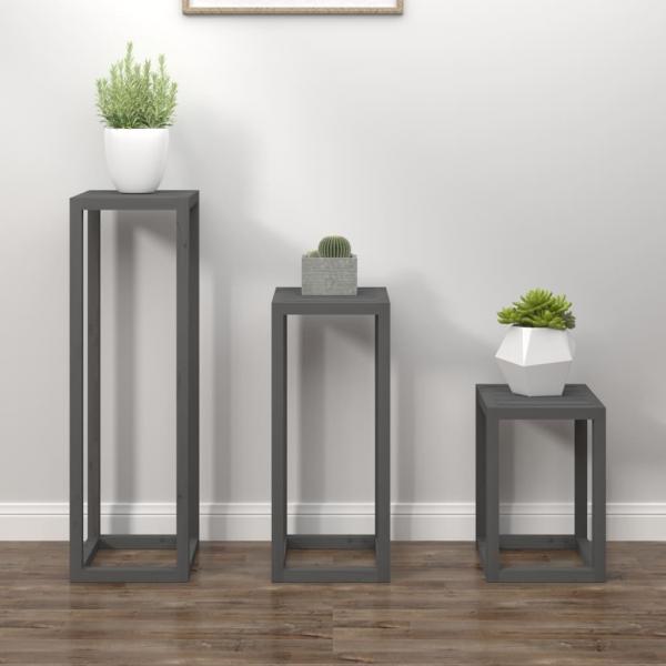 ARDEBO.de - 3-tlg. Pflanzenständer-Set Grau Massivholz Kiefer