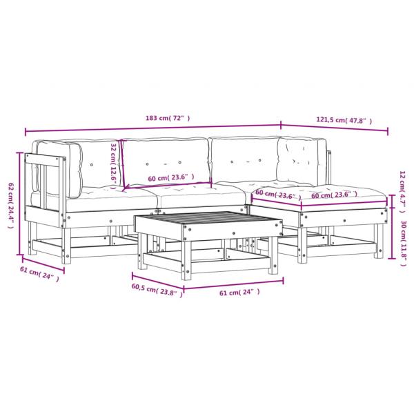 5-tlg. Garten-Lounge-Set mit Kissen Weiß Massivholz