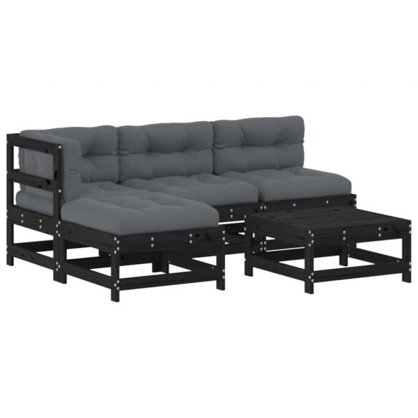 5-tlg. Garten-Lounge-Set mit Kissen Schwarz Massivholz