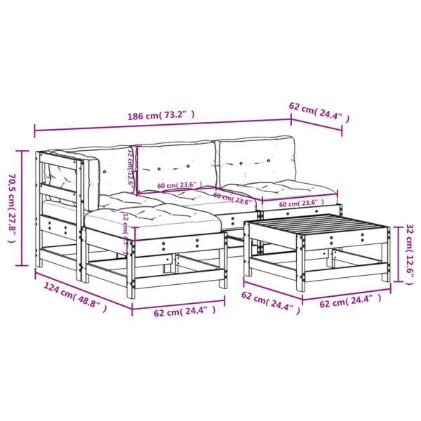 5-tlg. Garten-Lounge-Set mit Kissen Schwarz Massivholz