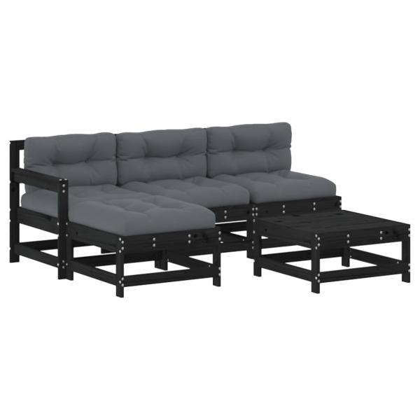 5-tlg. Garten-Lounge-Set mit Kissen Schwarz Massivholz
