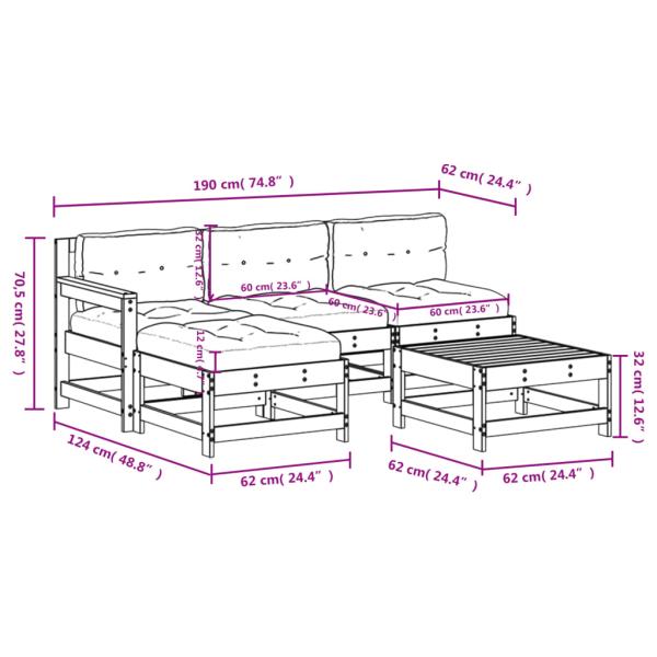 5-tlg. Garten-Lounge-Set mit Kissen Schwarz Massivholz