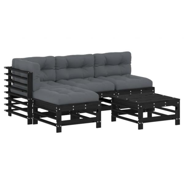 5-tlg. Garten-Lounge-Set mit Kissen Schwarz Massivholz