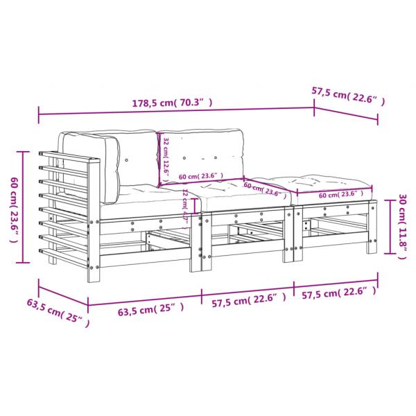 3-tlg. Garten-Lounge-Set mit Kissen Weiß Massivholz