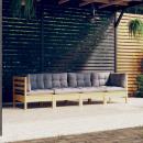 4-tlg. Garten-Lounge-Set mit Grauen Kissen Kiefer Massivholz
