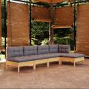 5-tlg. Garten-Lounge-Set mit Grauen Kissen Kiefernholz