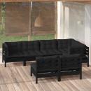 7-tlg. Garten-Lounge-Set mit Kissen Schwarz Kiefer Massivholz