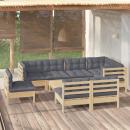 9-tlg. Garten-Lounge-Set mit Grauen Kissen Kiefer Massivholz