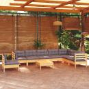 9-tlg. Garten-Lounge-Set mit Grauen Kissen Kiefer Massivholz