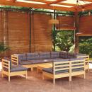 10-tlg. Garten-Lounge-Set mit Grauen Kissen Kiefer Massivholz