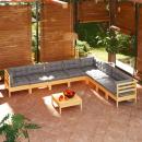 9-tlg. Garten-Lounge-Set mit Grauen Kissen Kiefer Massivholz