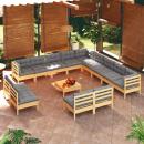 14-tlg. Garten-Lounge-Set mit Grauen Kissen Massivholz Kiefer