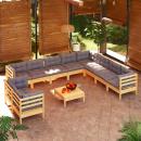 11-tlg. Garten-Lounge-Set mit Grauen Kissen Massivholz Kiefer