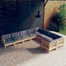 9-tlg. Garten-Lounge-Set mit Grauen Kissen Kiefernholz