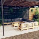 12-tlg. Garten-Lounge-Set mit Grauen Kissen Kiefernholz