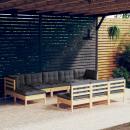 10-tlg. Garten-Lounge-Set mit Grauen Kissen Kiefernholz