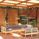 10-tlg. Garten-Lounge-Set mit Grauen Kissen Kiefer Massivholz