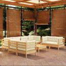 9-tlg. Garten-Lounge-Set mit Creme Kissen Kiefer Massivholz