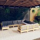 11-tlg. Garten-Lounge-Set mit Grauen Kissen Kiefernholz