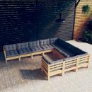 10-tlg. Garten-Lounge-Set mit Grauen Kissen Kiefernholz