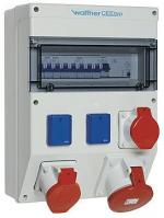 Walther Werke (6824403) Kunststoff-Steckdosenkombination in: 63A mit einem RCD TypA, 4 MCBs TypC, 3 CEE-Abgänge 16-63A, 2 Schukos und Klemmsatz K25 10P