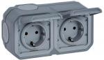 ARDEBO.de Legrand Plexo New Feuchtraum-Aufputz 2-fach vorverdrahtete Schutzkontakt-Steckdose, horizontal, Steckklemmen (SL), IP 44, grau (069742L)