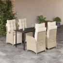 ARDEBO.de - 5-tlg. Garten-Essgruppe mit Kissen Beige Poly Rattan