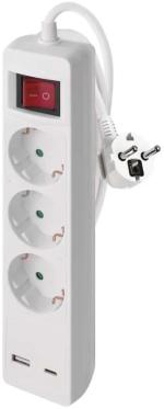 ARDEBO.de EMOS P1322CU Steckdosenleiste, 3 Steckdosen, 1× USB-A + 1× USB-C , 2m, 1,5mm², roter Schalter, weiß (1922130203)