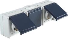 ARDEBO.de OPUS Aqua Schutzkontakt-Steckdose, 3-fach, waagerecht, Aufputz, Feuchtraum, hellgrau/stahlblau (753.658.06)