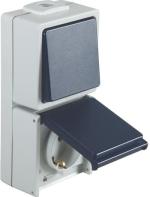 ARDEBO.de OPUS Aqua Wechsel-Taster mit Steckdose, senkrecht, Aufputz, Feuchtraum, hellgrau/stahlblau (753.650.06)