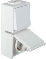 ARDEBO.de OPUS Aqua Universalschalter mit Steckdose, Aus/Wechsel Schalter, senkrecht, Aufputz, Feuchtraum, reinweiß (753.648.02)