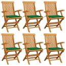 Gartenstühle mit Grünen Kissen 6 Stk. Massivholz Teak