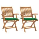 Gartenstühle 2 Stk. mit Grünen Kissen Teak Massivholz