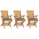 Gartenstühle mit Grauen Kissen 3 Stk. Massivholz Teak
