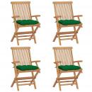Gartenstühle mit Grünen Kissen 4 Stk. Massivholz Teak